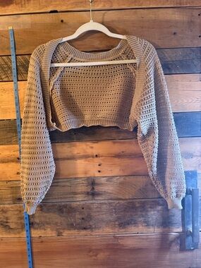 Beige Crochet Knit Cropped Sweater Open Knit Lightweight Long Sleeve